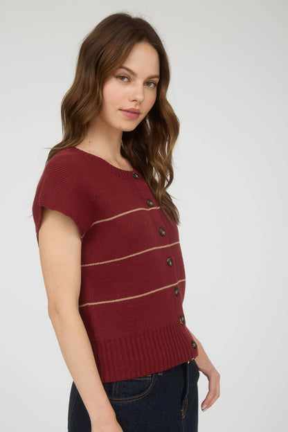 STRIPE BUTTON DOWN SHORT SLEEVE KNIT CARDIGAN