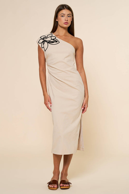 Flower Embroidery One Shoulder Midi Dress