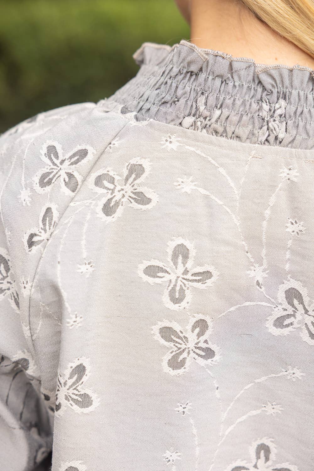 Smocked V-Neck Floral Cotton Jacquard Top