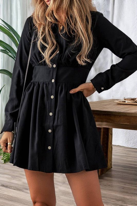 Elastic Cinched High Waist Long Sleeve Shirt Mini Dress