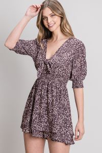 Smocked Sleeve and Waist with Tie Front Flowy Romper