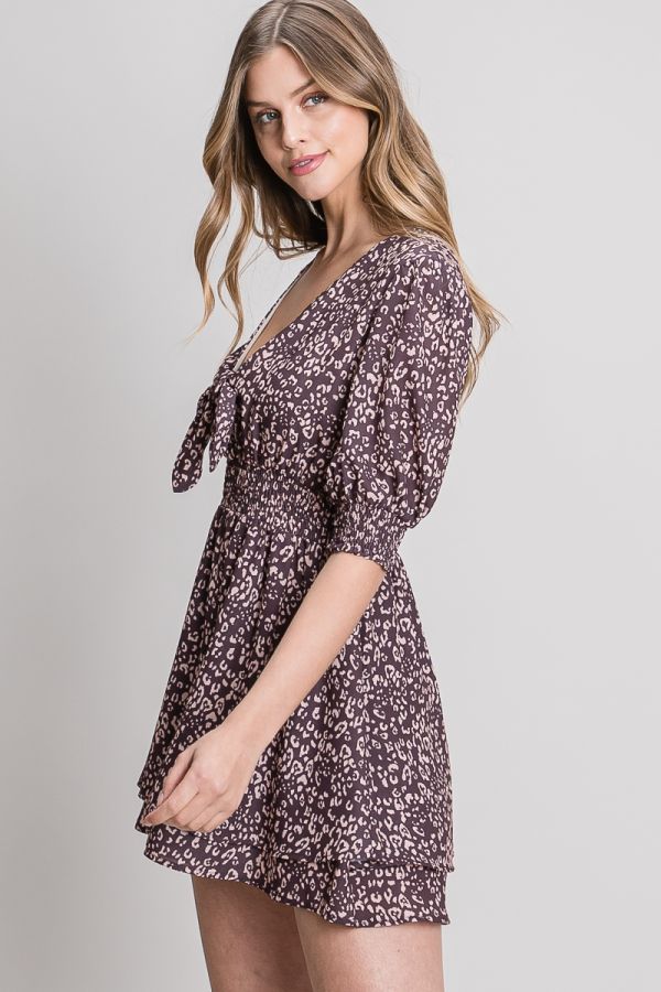 Smocked Sleeve and Waist with Tie Front Flowy Romper