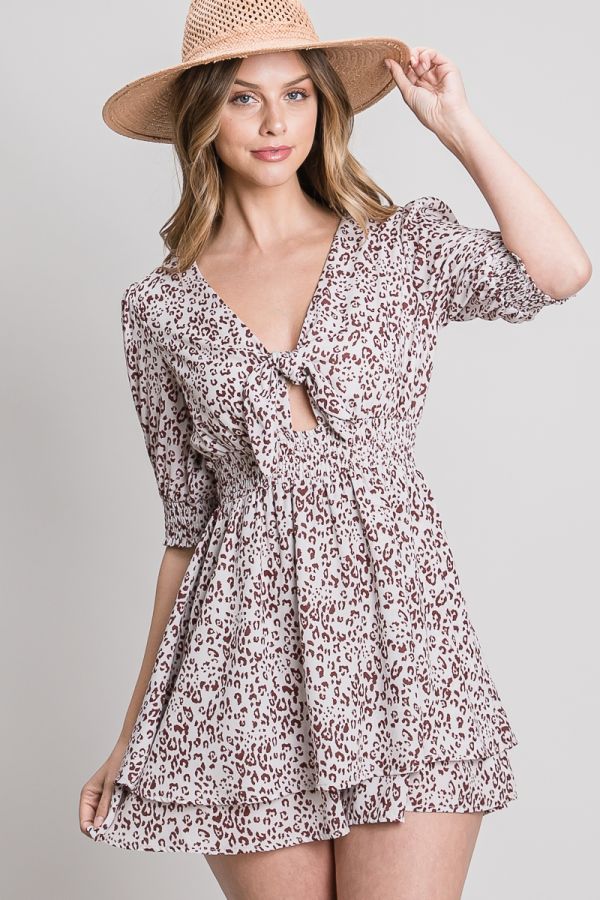 Smocked Sleeve and Waist with Tie Front Flowy Romper