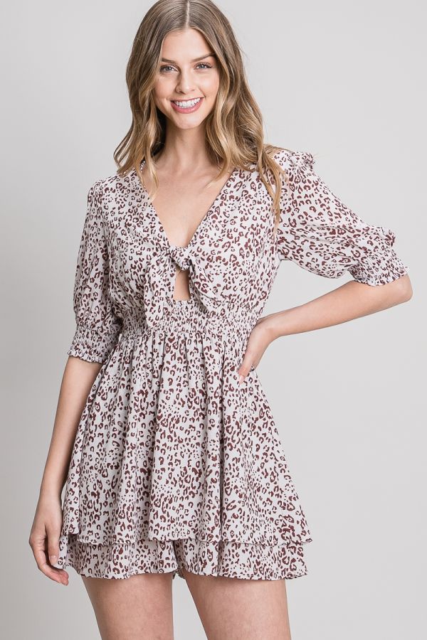 Smocked Sleeve and Waist with Tie Front Flowy Romper