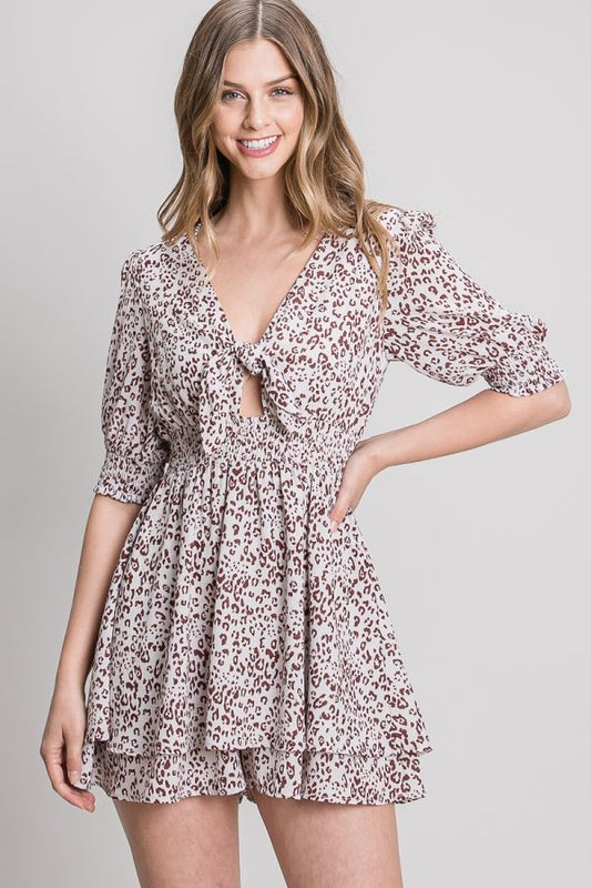 Smocked Sleeve and Waist with Tie Front Flowy Romper