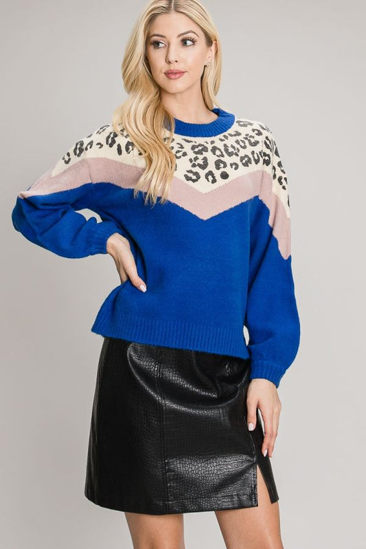 Soft Plush Chevron Animal Print Colorblock Pullover Sweater