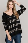 Lurex Striped Cozy Light Weight V-neck Pullover Sweater with Side Slits