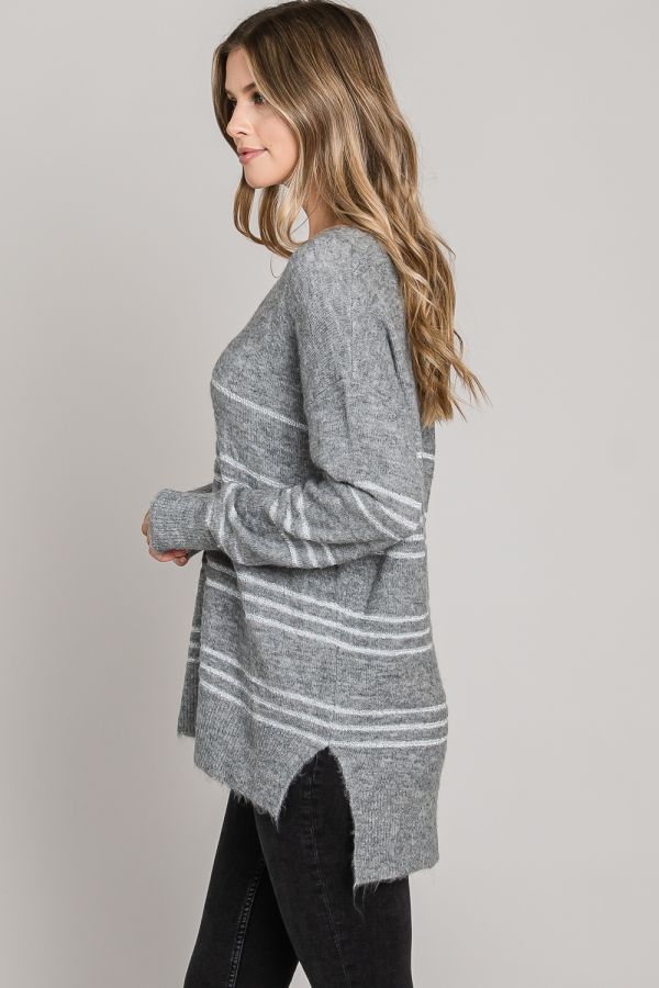 Lurex Striped Cozy Light Weight V-neck Pullover Sweater with Side Slits