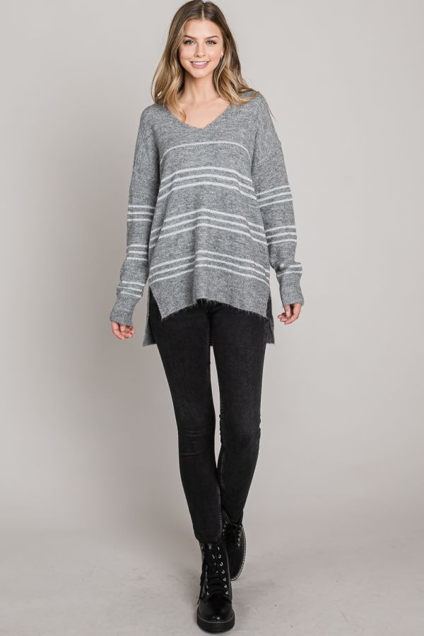 Lurex Striped Cozy Light Weight V-neck Pullover Sweater with Side Slits