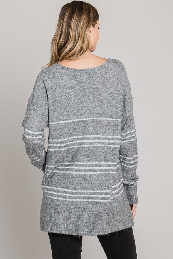 Lurex Striped Cozy Light Weight V-neck Pullover Sweater with Side Slits