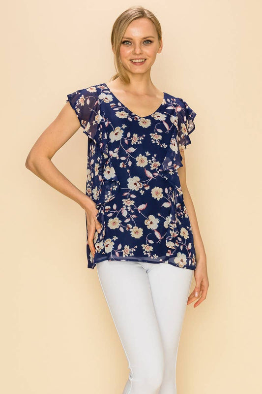 FLORAL V NECK SLEEVELESS RUFFLE BLOUSE