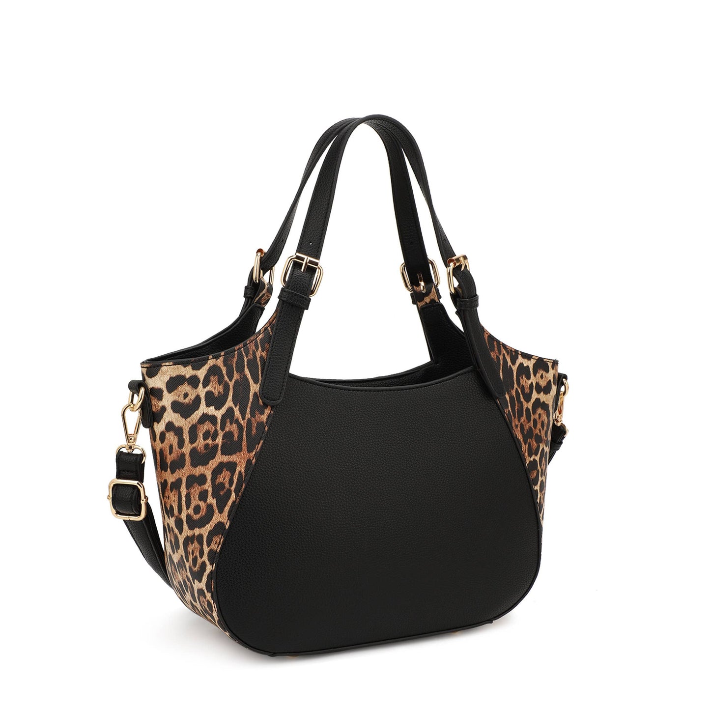 ELAINE  SATCHEL WITH LEOPARD PRINT ACCENT IN BUCKLED HANDLE