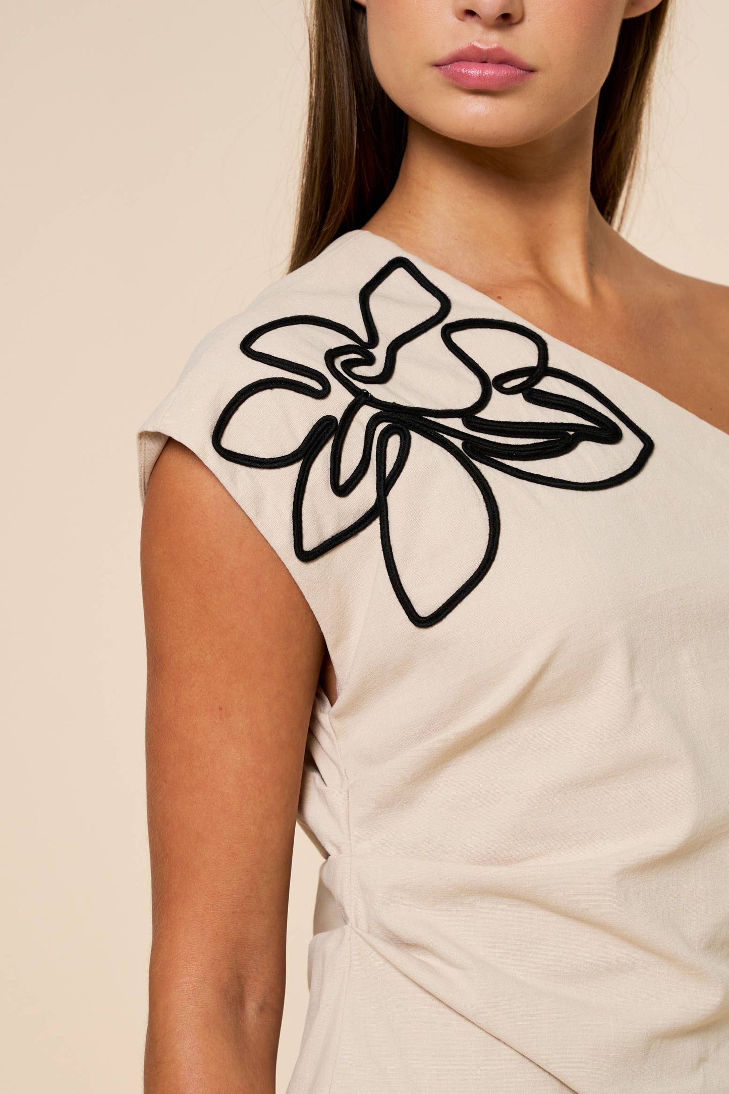 Flower Embroidery One Shoulder Midi Dress