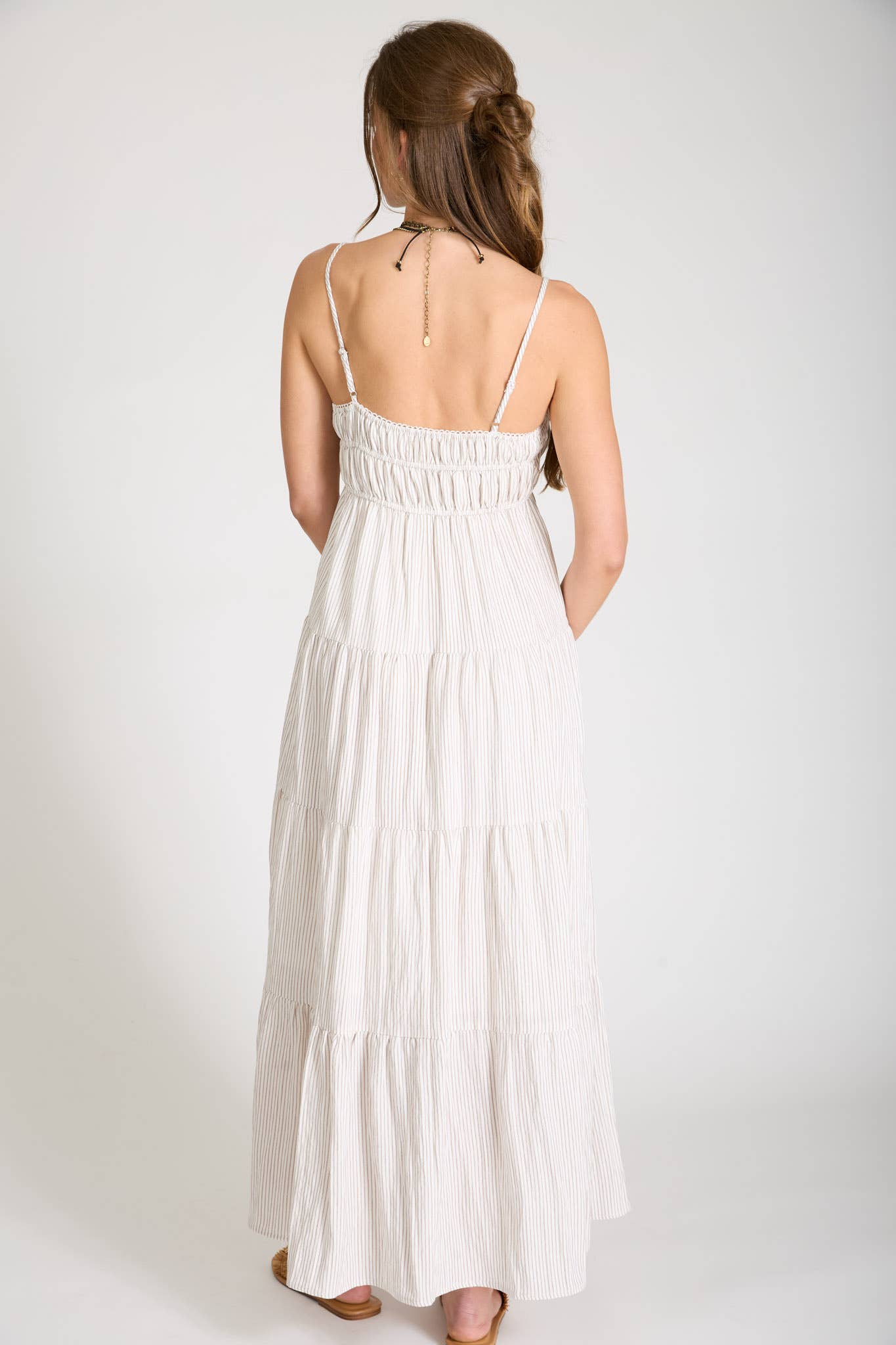 STRIPE SHIRRED EMPIRE WAIST TIERED MIDI DRESS