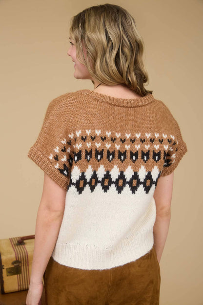 FAIR ISLE V NECK SHORT SLEEVE KNIT SWEATER