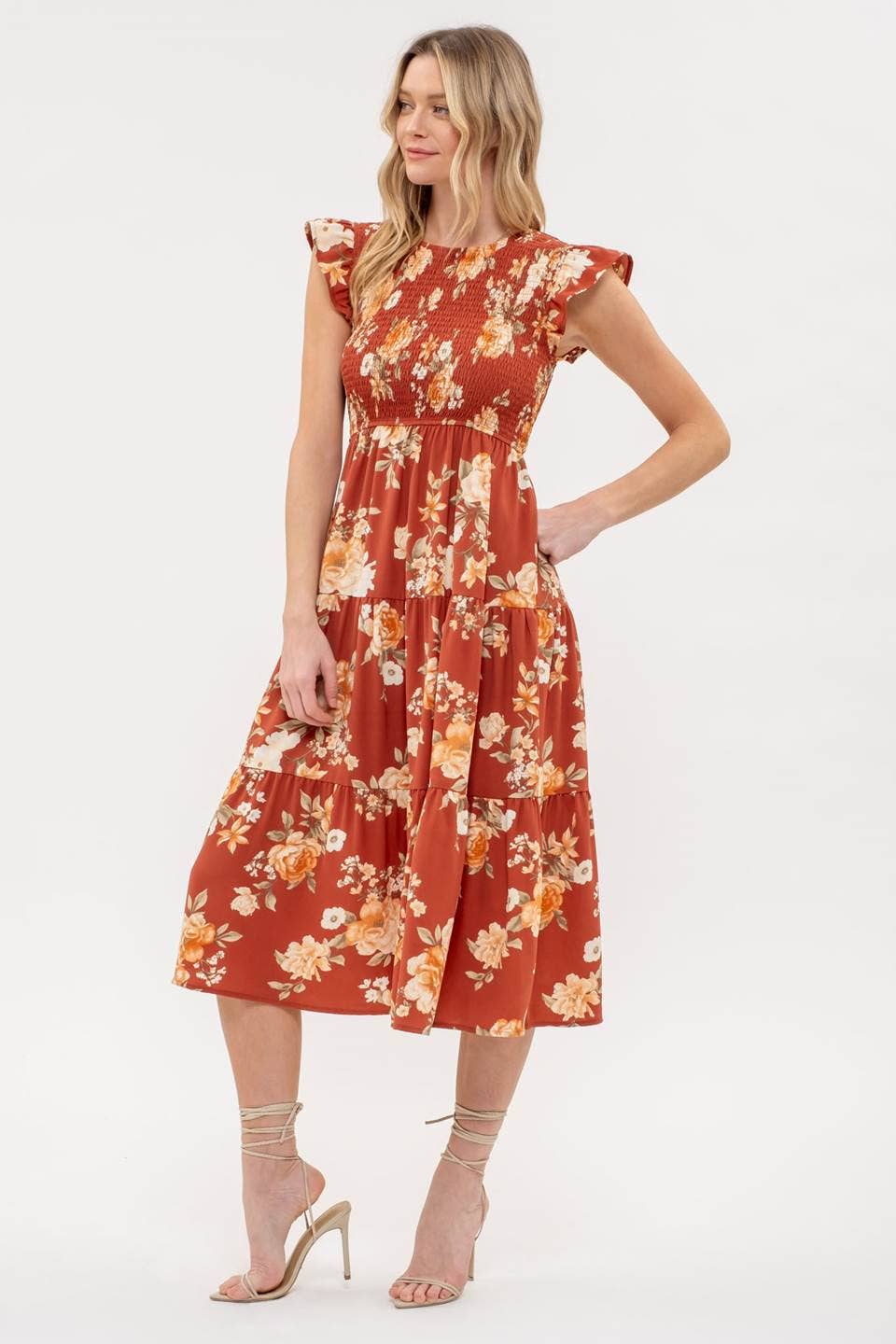 SMOCKED TIERED FLORAL MIDI DRESS