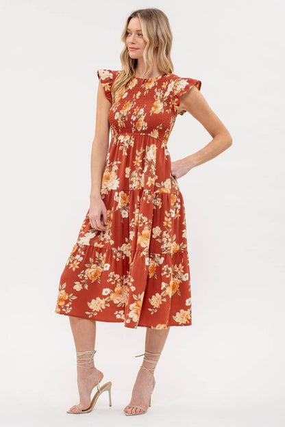 SMOCKED TIERED FLORAL MIDI DRESS