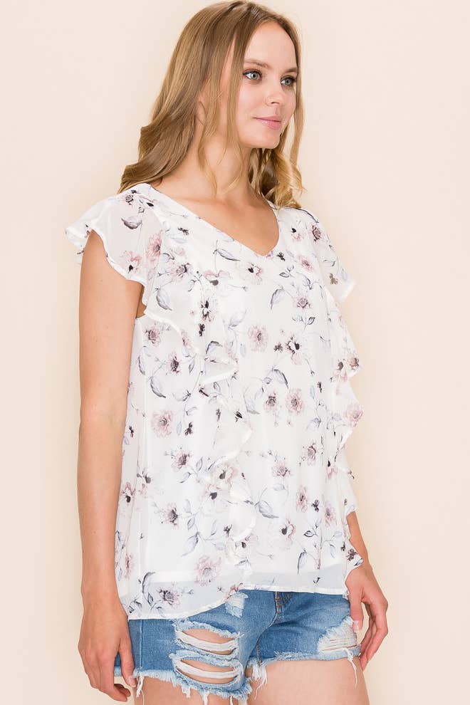 FLORAL V NECK SLEEVELESS RUFFLE BLOUSE