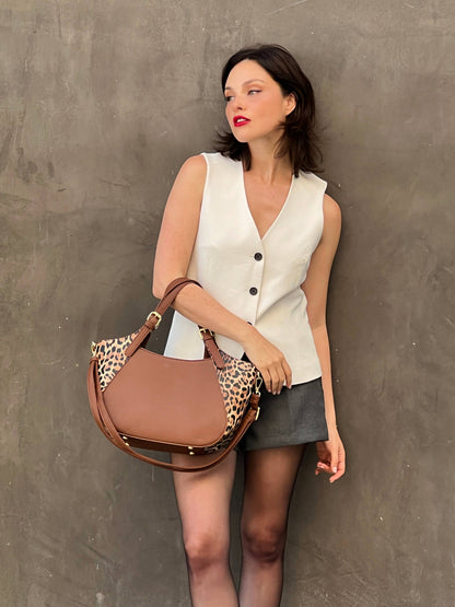 ELAINE  SATCHEL WITH LEOPARD PRINT ACCENT IN BUCKLED HANDLE