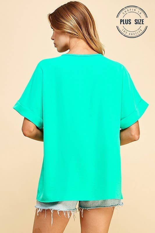 PLUS SOLID COLLARED SHORT SLEEVE LOOSE BOXY TOP