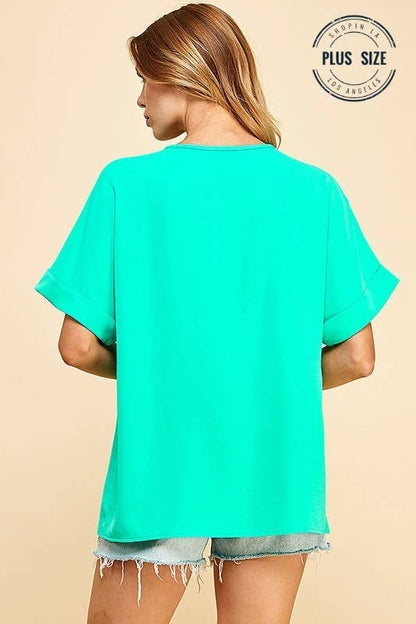 PLUS SOLID COLLARED SHORT SLEEVE LOOSE BOXY TOP