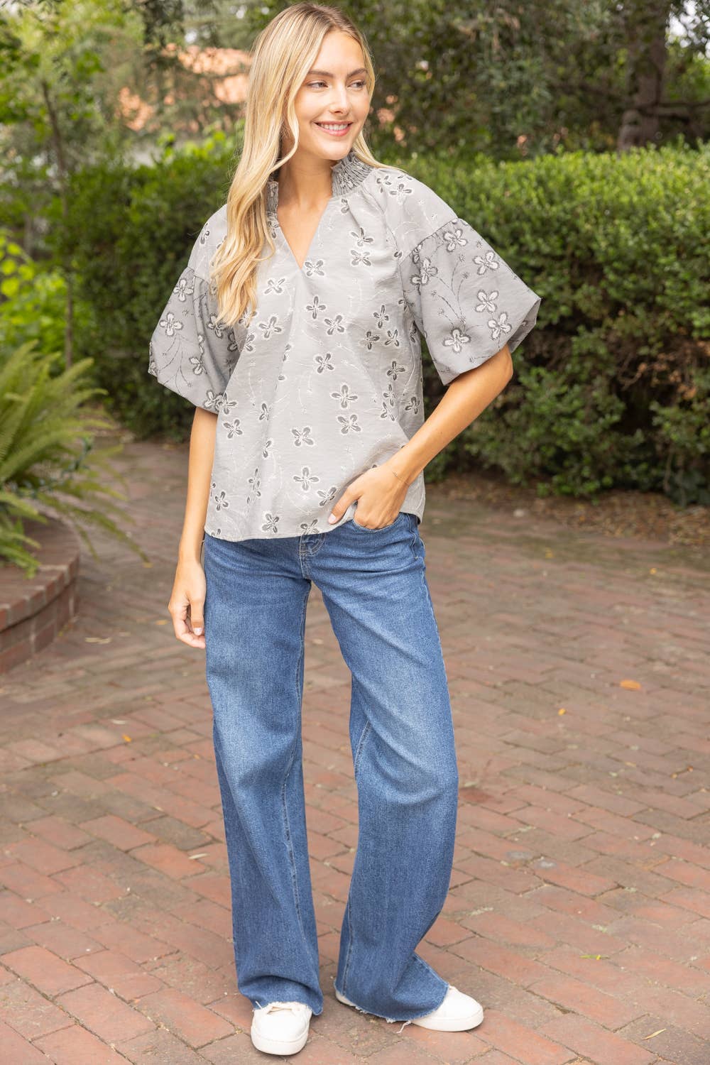 Smocked V-Neck Floral Cotton Jacquard Top