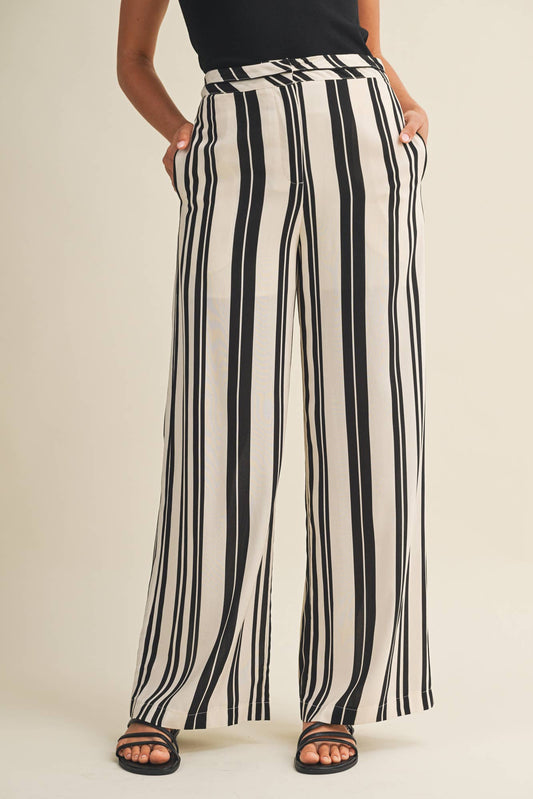 Crossover Waist Wide-Leg Striped Trousers
