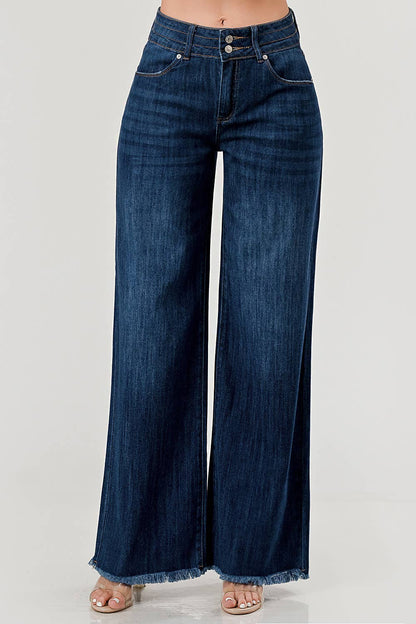 Dark Wash - Mid Rise Wide Leg Jeans With Fray Hem