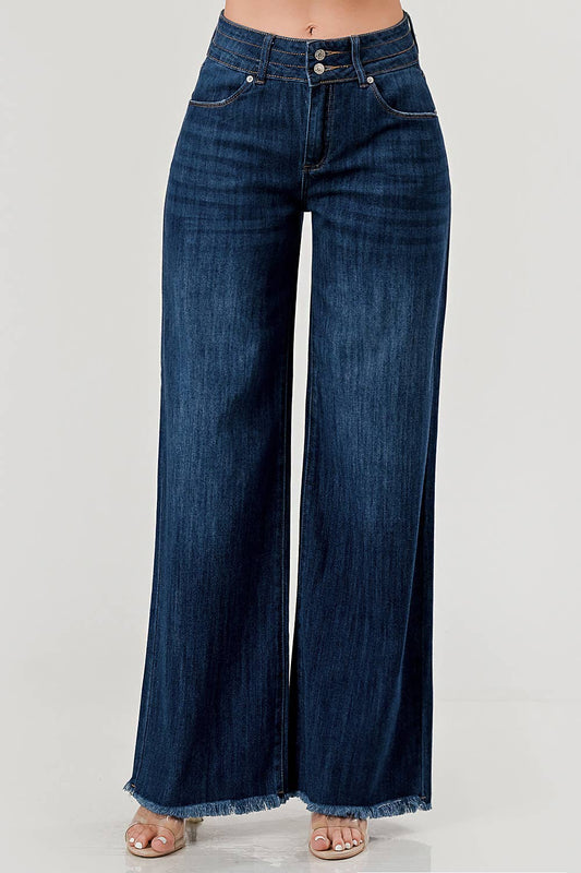 Dark Wash - Mid Rise Wide Leg Jeans With Fray Hem