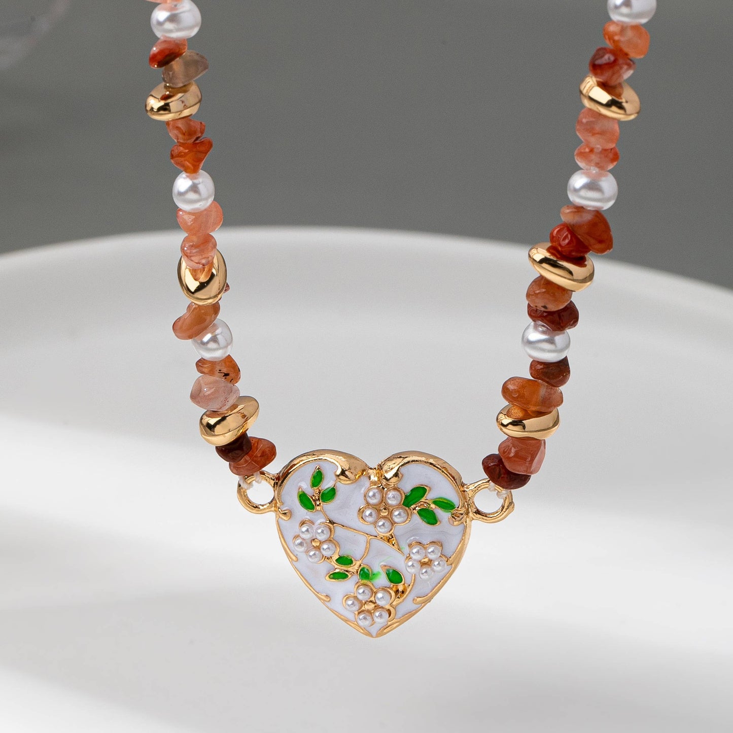 BEADED STONE CHAIN FLORAL PEARL HEART CHARM