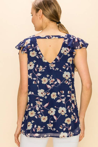 FLORAL V NECK SLEEVELESS RUFFLE BLOUSE