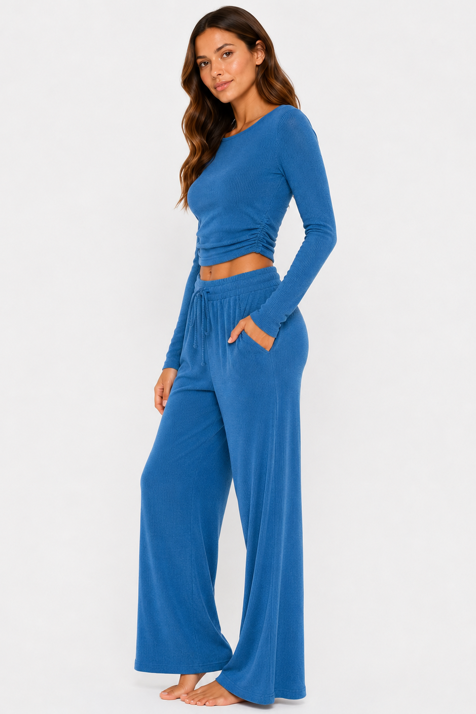 Ribbed crop long sleeve top with straight leg loungewear set