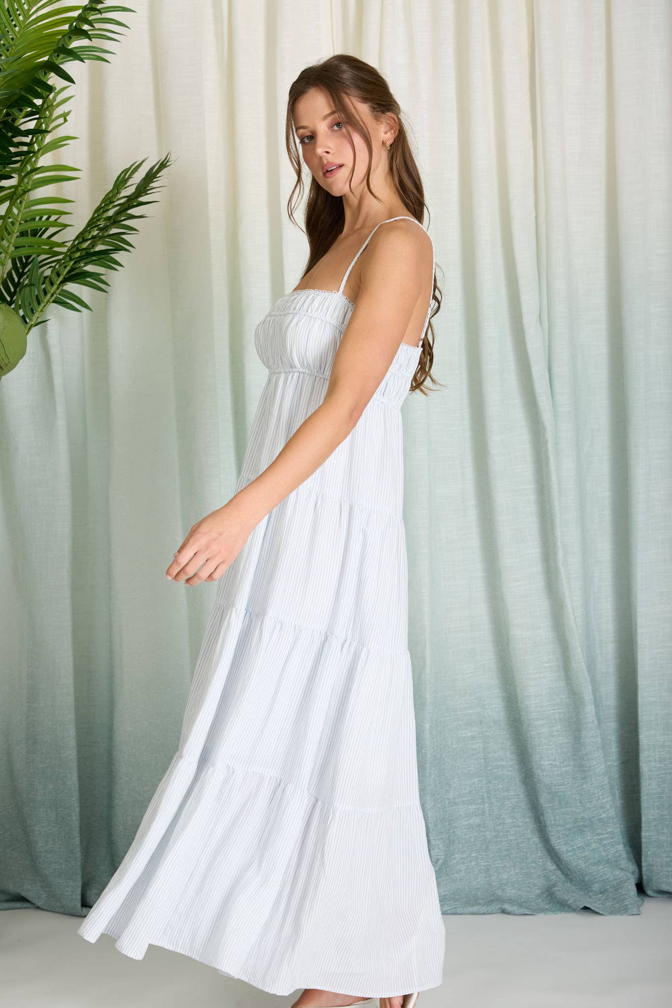 STRIPE SHIRRED EMPIRE WAIST TIERED MIDI DRESS