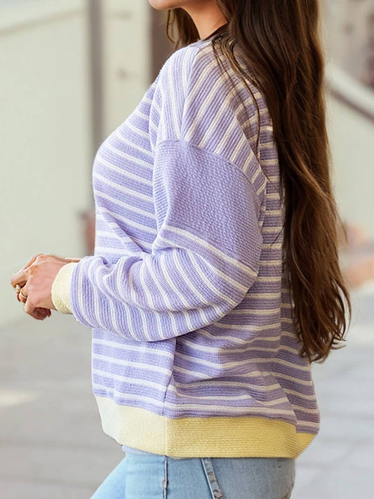 Stripe Trim Colorblock Patchwork Drop Shoulder Knit Top