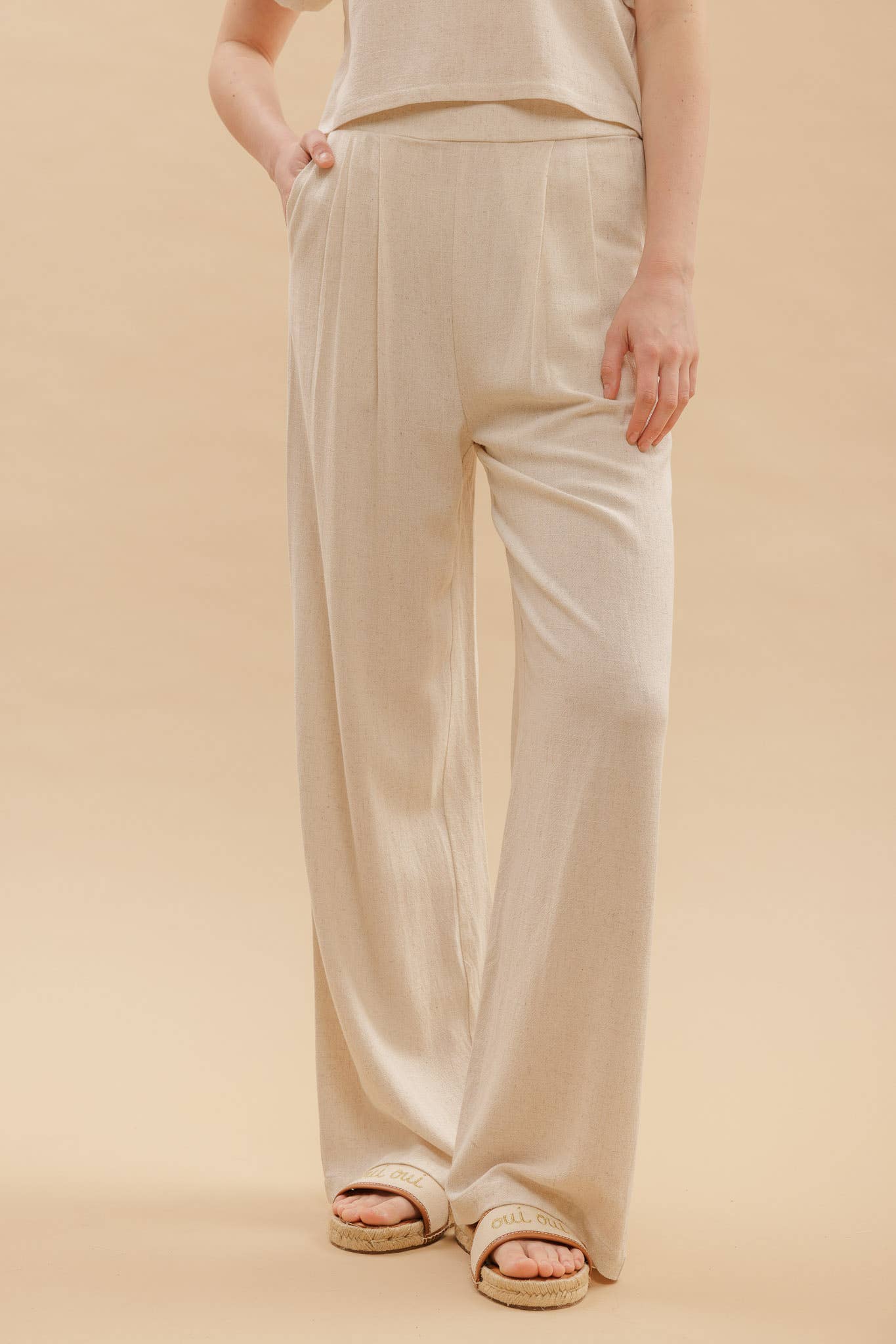 HIGH WAIST WIDE LEG PLEATED LINEN PANTS
