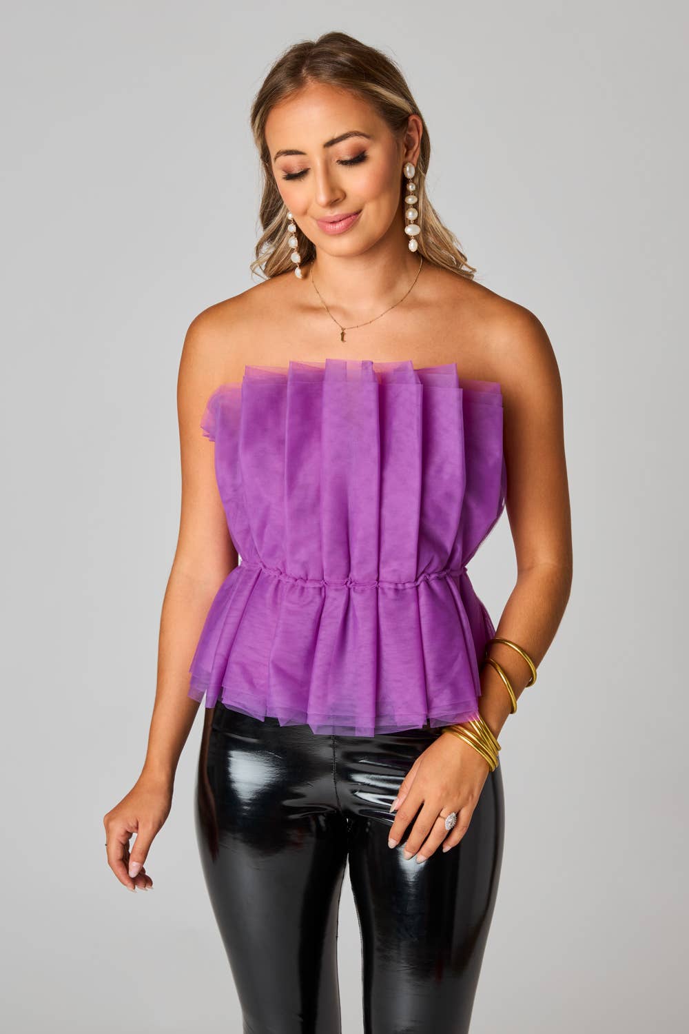 Giselle Iris Purple Pleated Tulle Strapless Top