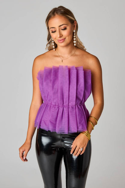 Giselle Iris Purple Pleated Tulle Strapless Top