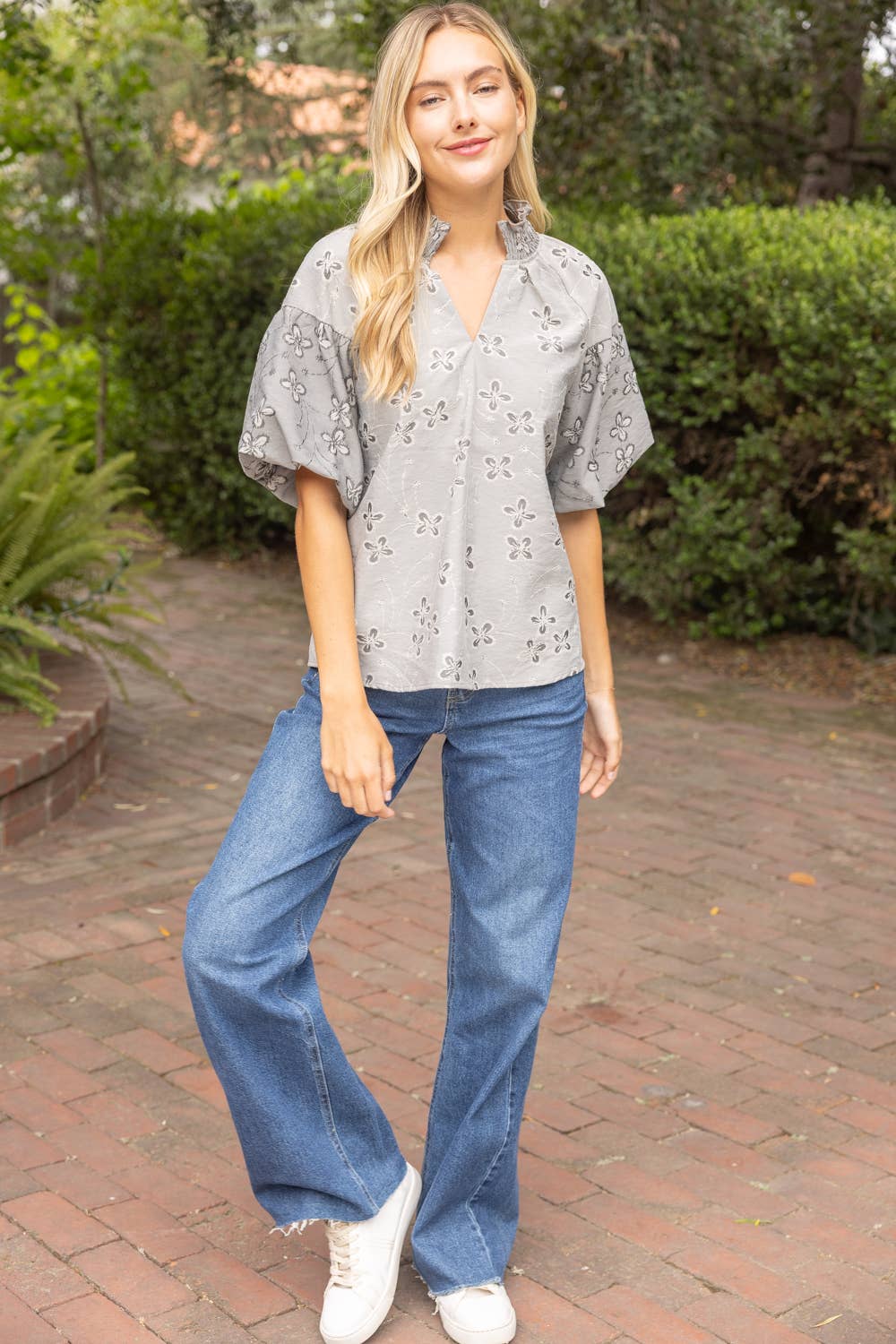 Smocked V-Neck Floral Cotton Jacquard Top