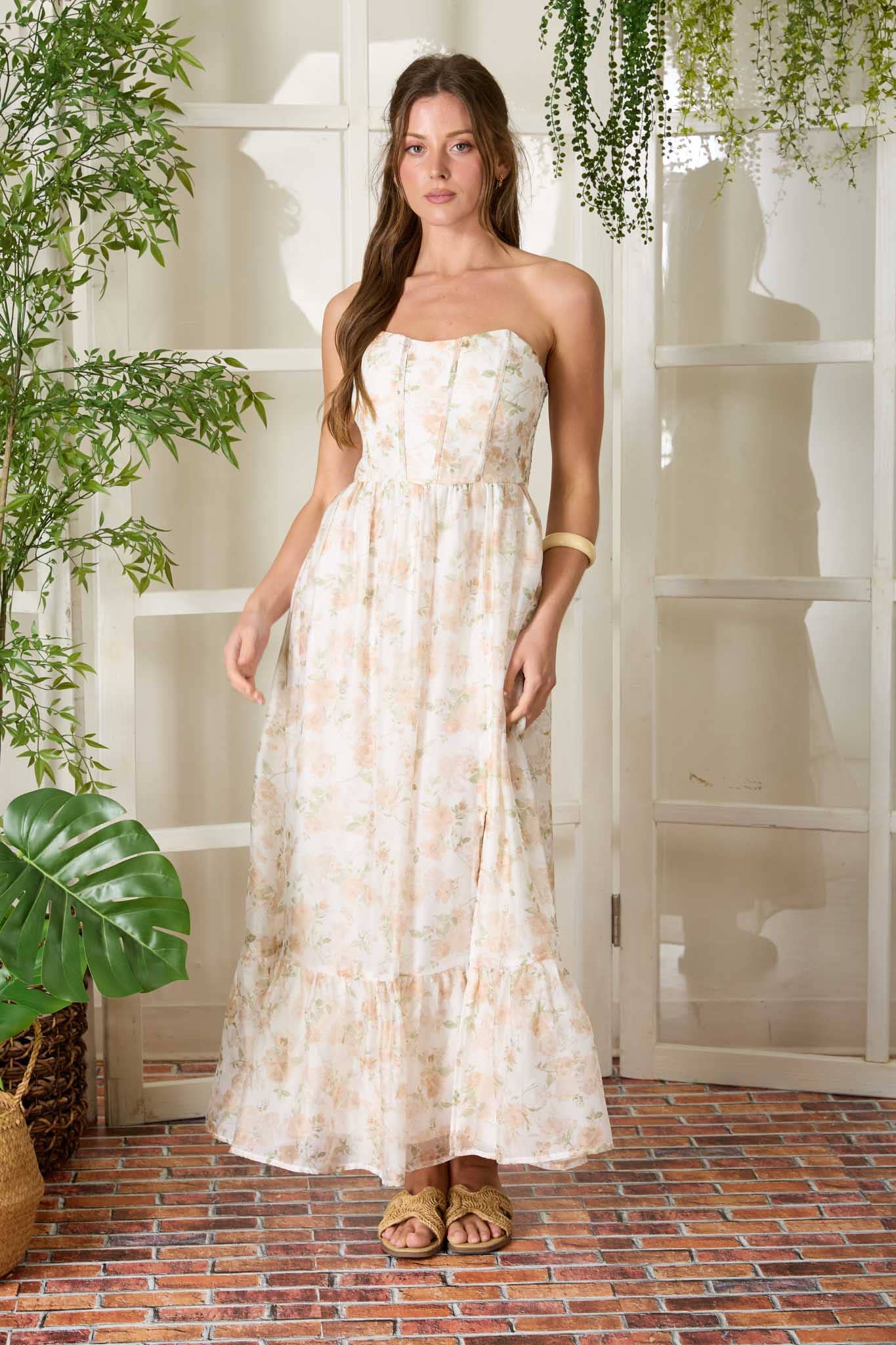 The Floral Strapless Corset Side Slit Midi Dress