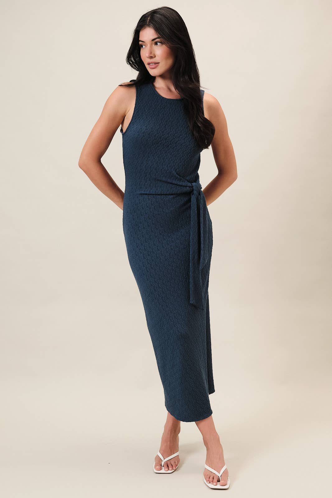 Round Neck Sleeveless Side Tie Textured Midi Dress