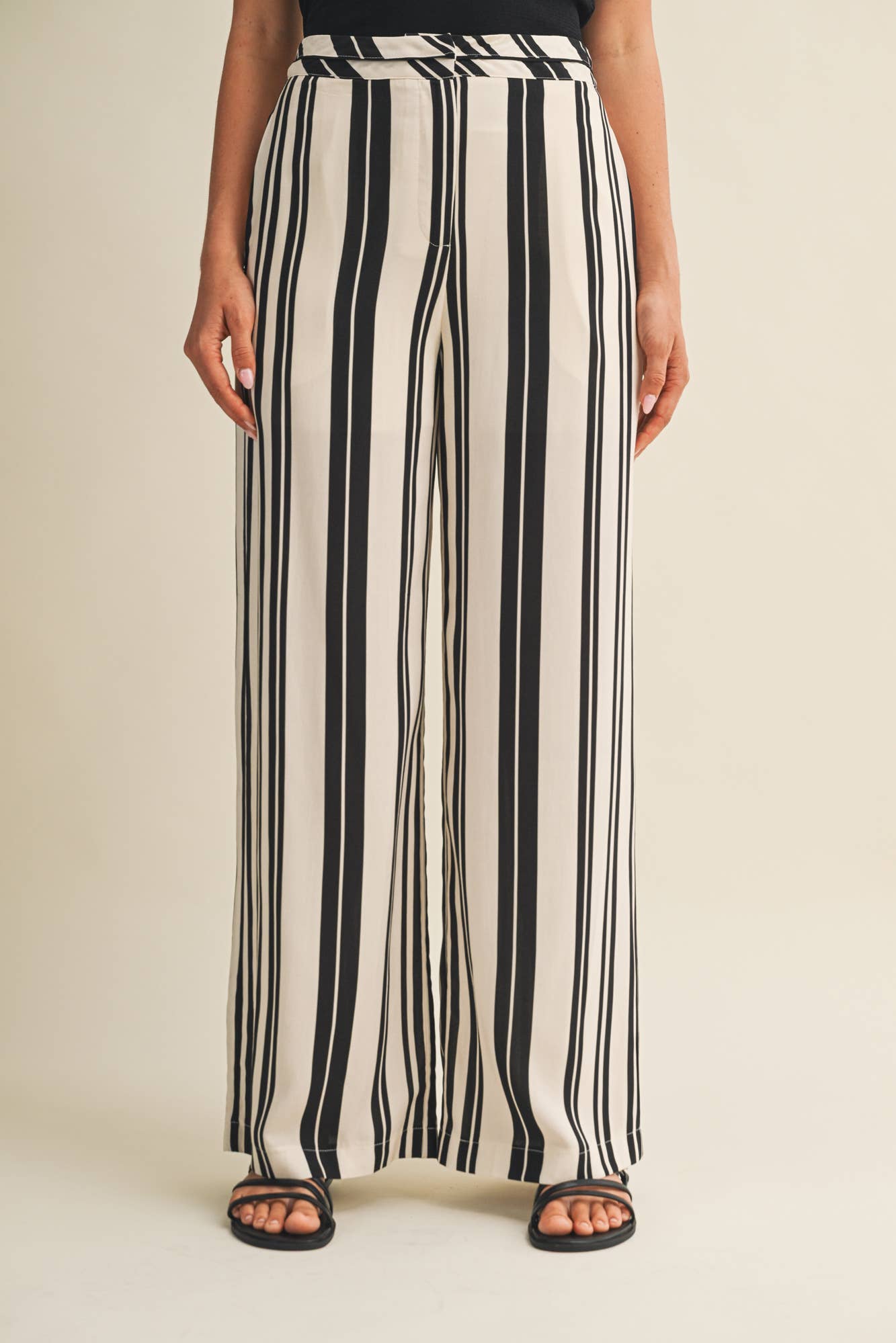 Crossover Waist Wide-Leg Striped Trousers