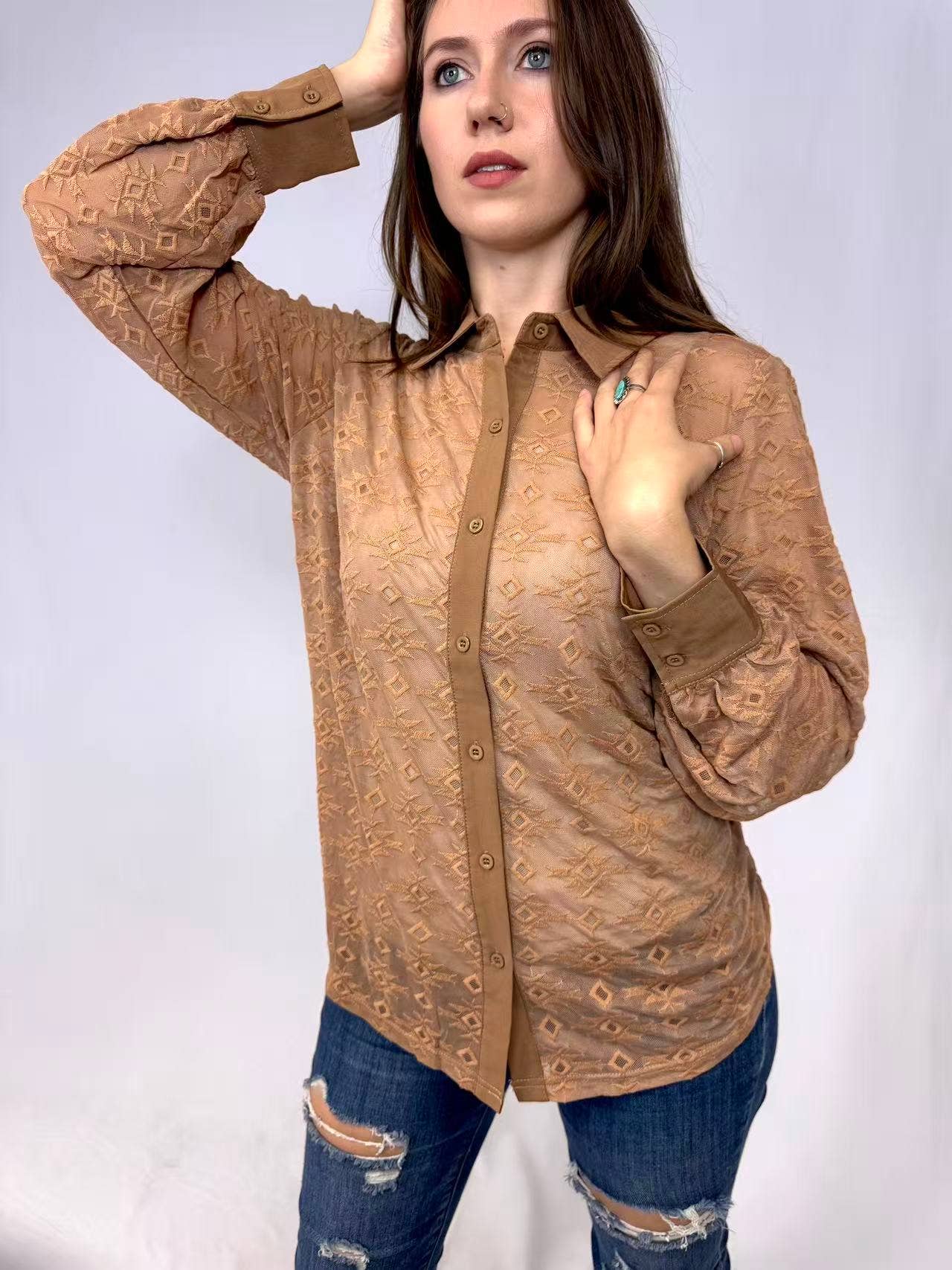 Aztec Embroidered Lace Button Up Shirt