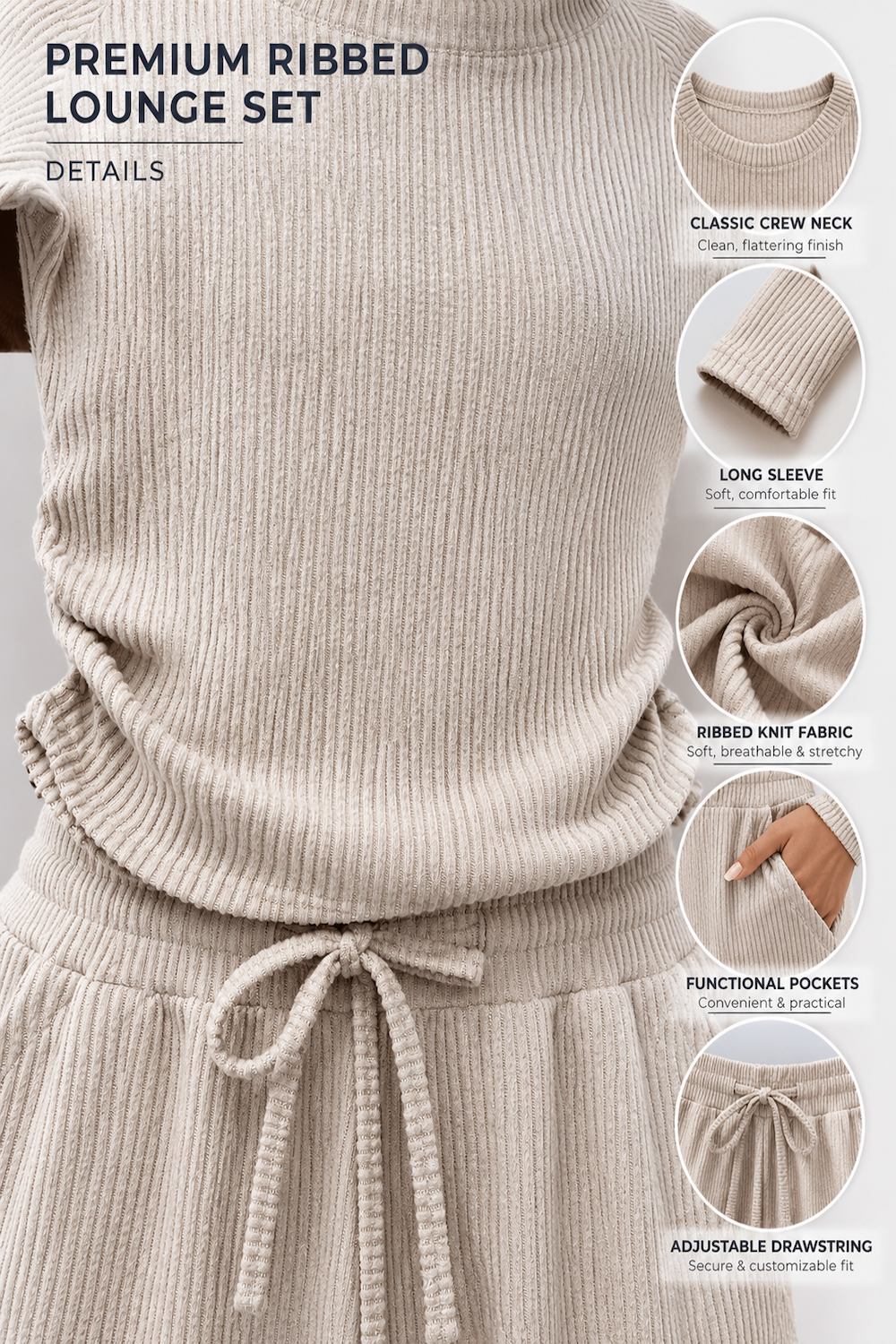 Ribbed crop long sleeve top with straight leg loungewear set