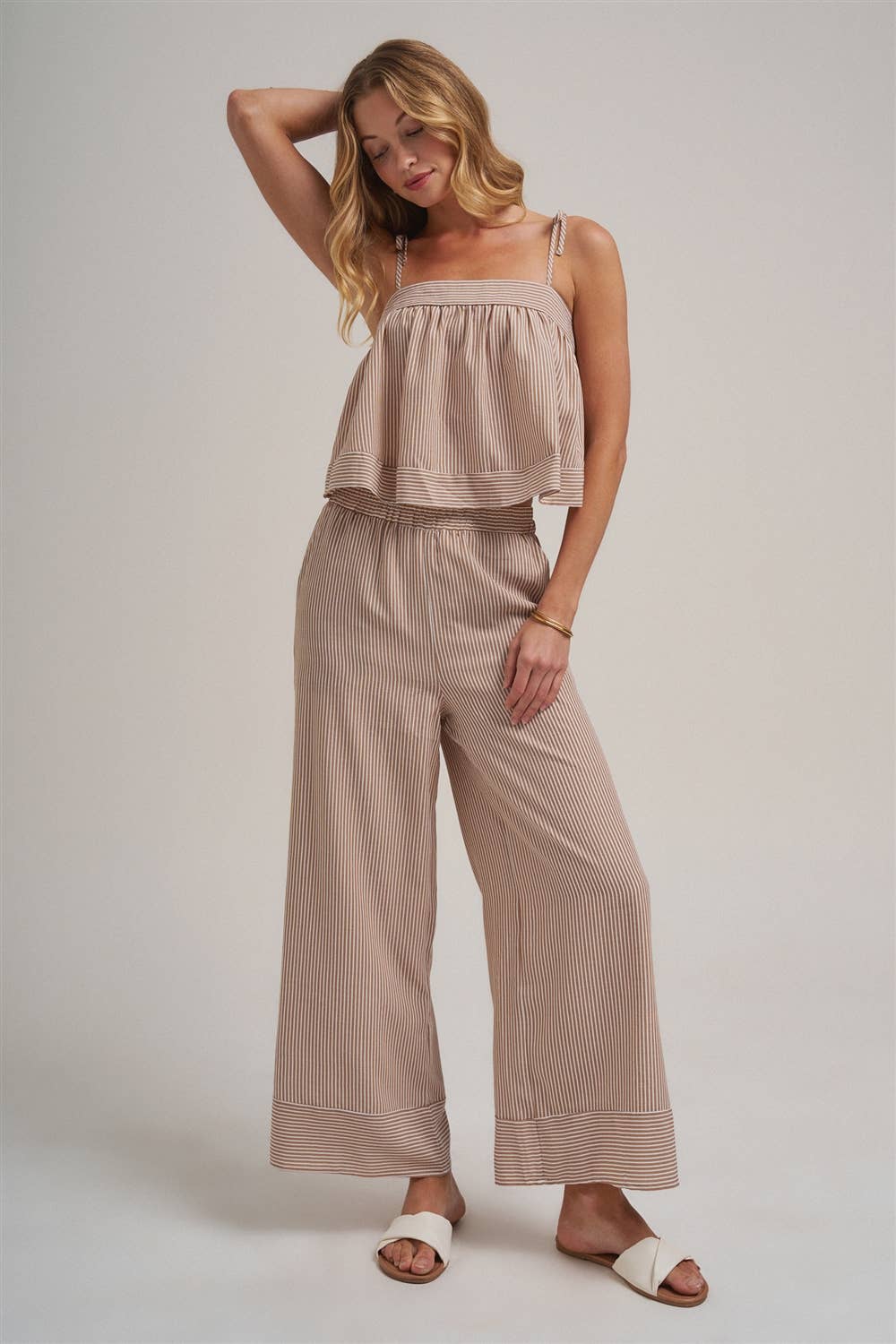 STRIPED TWO PIECE SET WITH FLOWY CAMI TOP AND WIDE LEG PANTS