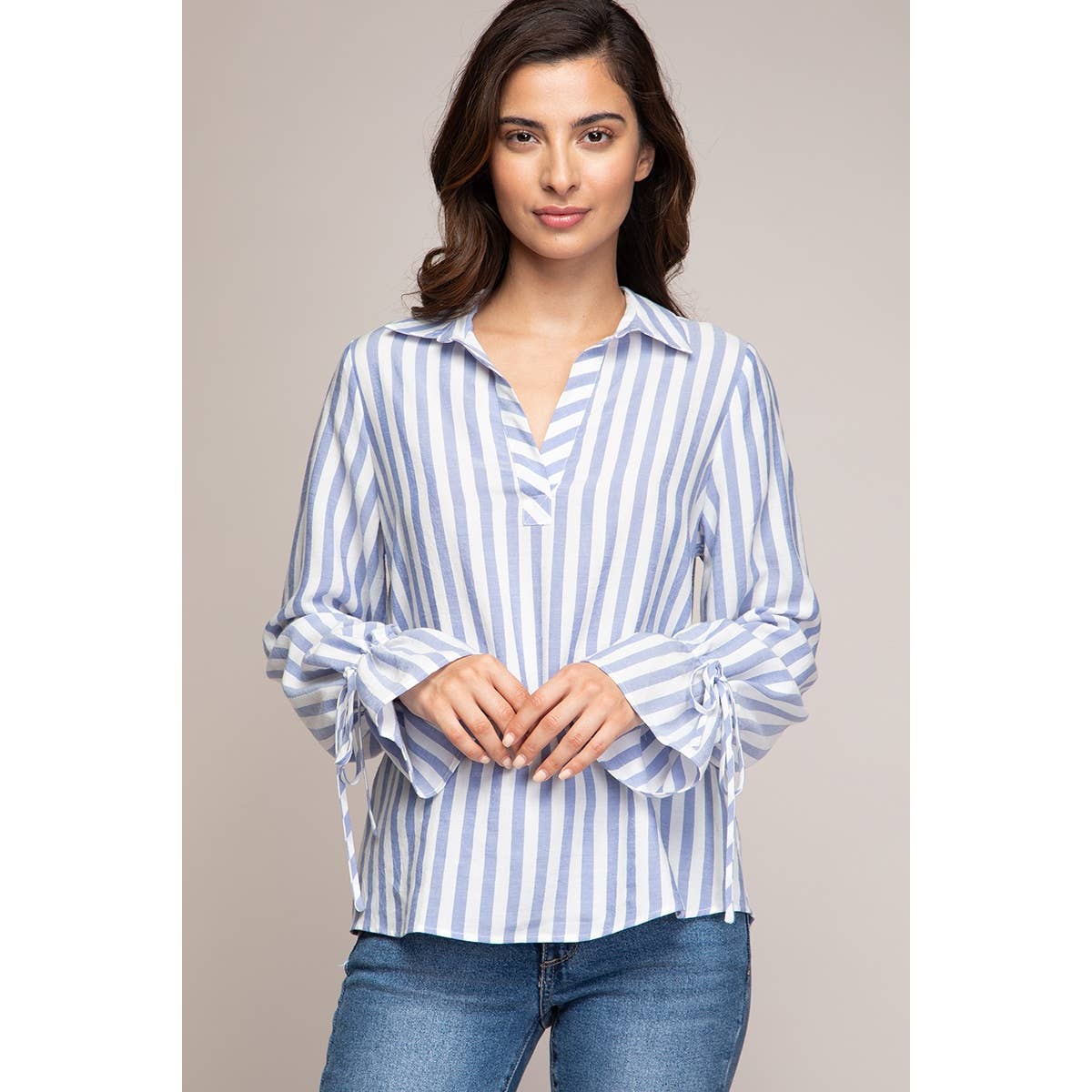 V-neck Collared Blouse With Tie Cuffs