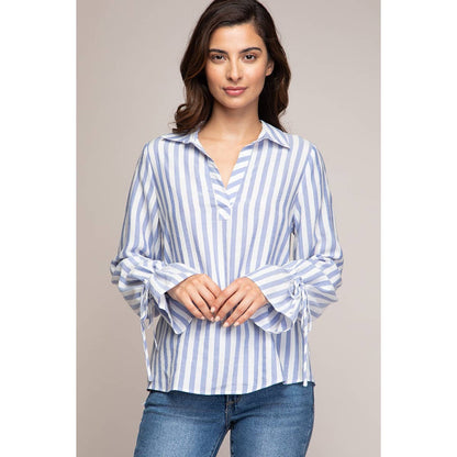 V-neck Collared Blouse With Tie Cuffs