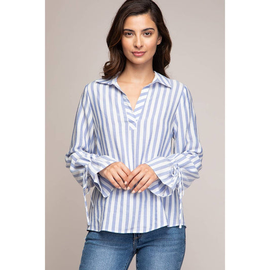 V-neck Collared Blouse With Tie Cuffs
