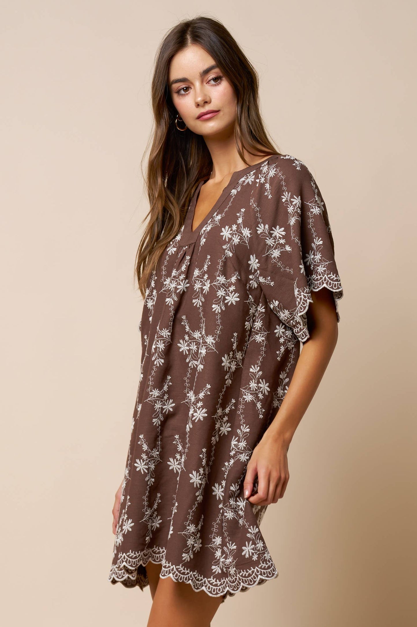 Floral Embroidered Scallop Hem Mini Dress