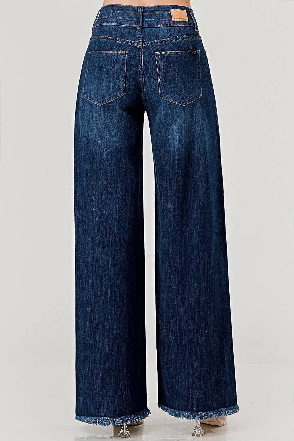 Dark Wash - Mid Rise Wide Leg Jeans With Fray Hem