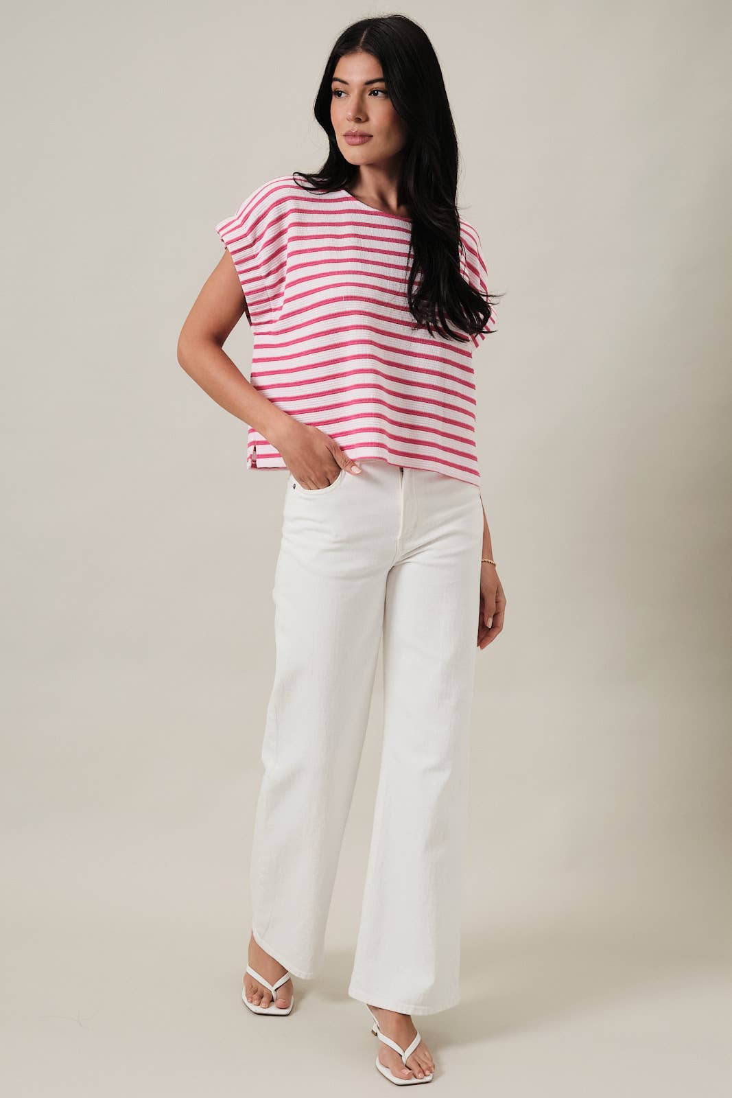 ROUND NECK SHORT SLEEVE ELASTIC CUFF STRIPE TOP